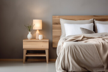 Wooden bedside table near bed with beige fabric headboard Scandinavian interior design of modern bedroom