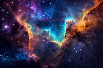 Vivid depiction of a cosmic nebula With swirling colors and star clusters Capturing the mysterious beauty of the universe