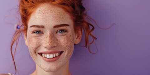 Place for text. A beautiful young red-haired girl with freckles smiles a radiant smile on a purple background. Suitable for advertising dentistry, beauty industry, advertising lenses