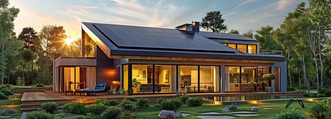 Rooftop solar panel array on a modern home. Sunset, the end of the day. idyllic setting. House with solar cells, house illumination powered by solar energy. - obrazy, fototapety, plakaty