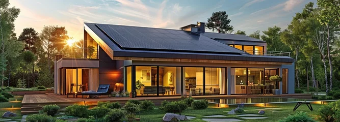 Foto op Canvas Rooftop solar panel array on a modern home. Sunset, the end of the day. idyllic setting. House with solar cells, house illumination powered by solar energy. © Sawitree88