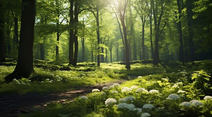 a path through a forest with trees and flowers