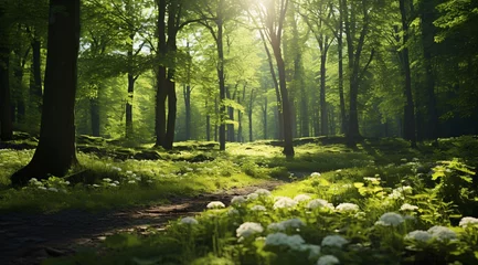 Foto op Aluminium a path through a forest with trees and flowers © Cazacu