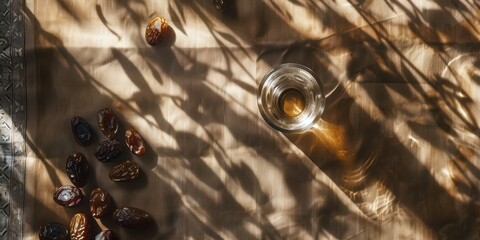 A spread of dates and a glass of water on a rich fabric background could be used to represent Iftar during Ramadan or for a cultural food presentation.