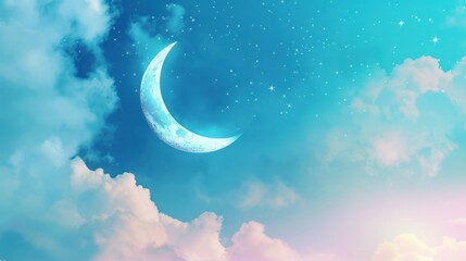 Obraz na płótnie Canvas A dreamy crescent moon against a pastel sky with fluffy clouds, suited for nursery room art or relaxation videos.