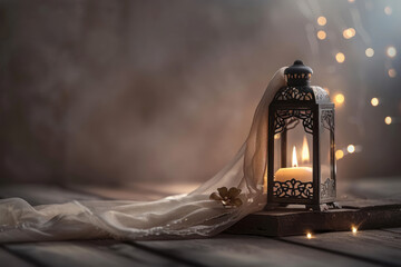 a lantern draped with a sheer fabric emits a soft, warm glow, making it perfect for spiritual content or festive decoration promotions. - obrazy, fototapety, plakaty