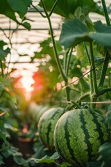 Growing watermelon harvest and producing vegetables cultivation. Concept of small eco green business organic farming gardening and healthy food