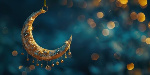A detailed crescent moon decoration sparkling against a bokeh background, excellent for festive greeting cards or luxury product advertising.
