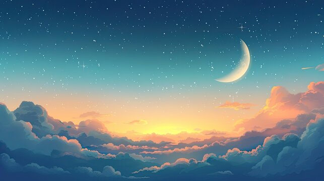A whimsical dawn sky with a crescent moon amidst clouds, ideal for children's story illustrations or peaceful meditation apps.