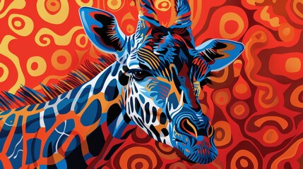 An intense zebra portrait with electric blue and orange stripes stands out against a swirling red abstract background.