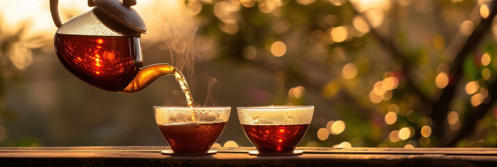 A teapot pouring hot tea into two glasses against a blurred nature background, perfect for Ramadan evening gatherings or to illustrate culinary articles about Eid al-Fitr. - Powered by Adobe