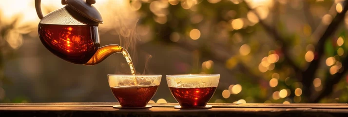 Foto op Plexiglas A teapot pouring hot tea into two glasses against a blurred nature background, perfect for Ramadan evening gatherings or to illustrate culinary articles about Eid al-Fitr. © Ярослава Малашкевич