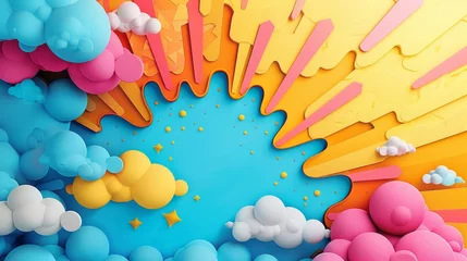 Poster 3D abstract concept art showing a melting landscape with vibrant colors, playful cloud shapes, and a whimsical feel. © Rattanathip