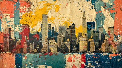 Fototapeta premium An abstract depiction of an urban skyline, creatively overlaid with splashes of vibrant paint on a textured background.