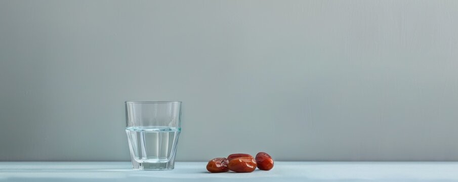A simple setting of a glass of water and dates on a table, suitable for Ramadan Iftar invitations or health blog posts related to fasting during Eid al-Fitr.