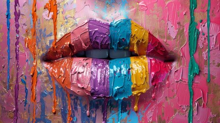 An abstract art piece featuring a close-up of multicolored painted lips on a highly textured, vibrant pink background.