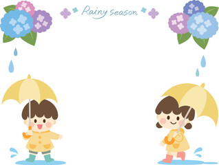 梅雨_傘をさす子供と紫陽花のフレーム