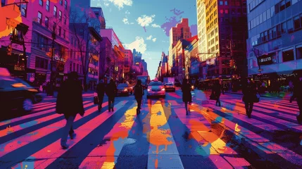 Fototapeten A pop art inspired digital painting capturing pedestrians crossing a city street bathed in the vivid colors of sunset. © Rattanathip