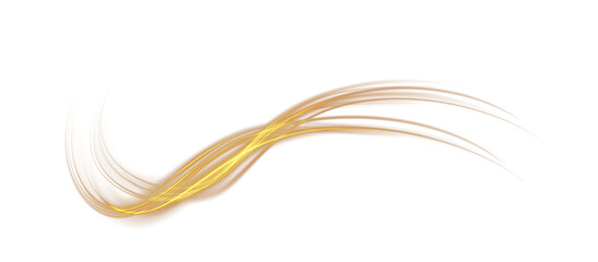 Golden glowing shiny lines effect. Luminous golden lines of speed. Light glowing effect. Light trail wave, fire path trace line and incandescence curve twirl. PNG.