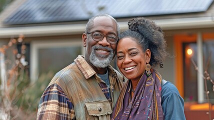 African American couple in their middle years grinning in front of their solar-powered house.