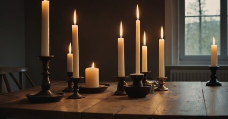 Scandinavian Calm: Candle Still Life on Wooden Table background image