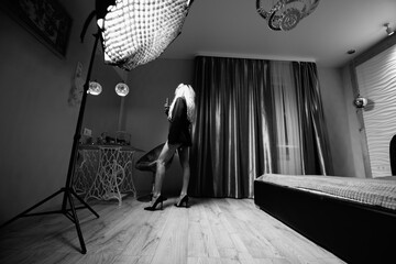 Portrait of a young beautiful blonde long-haired girl in beautiful fashionable lingerie.