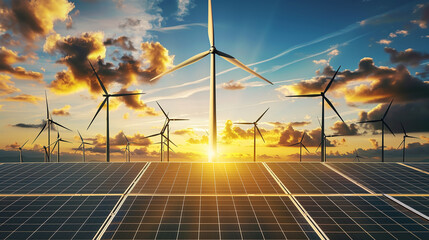Solar farm, Solar cells panels and wind turbines for electricity alternative renewable energy. . - obrazy, fototapety, plakaty