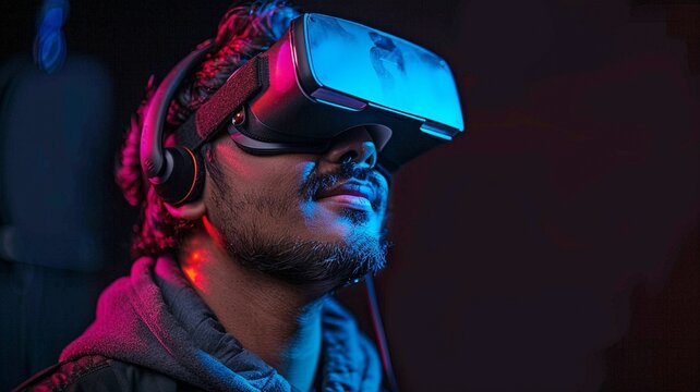 An solitary 30-something Indian man is seen using a virtual reality headset against a black backdrop. - Powered by Adobe