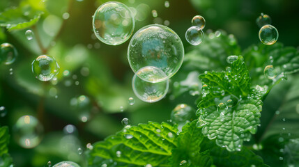 Fresh green plant leaf tree with bubble background.