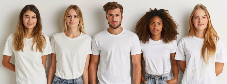 a website banner for a custom t-shirt company, white background, models with different t-shirt designs,generative ai