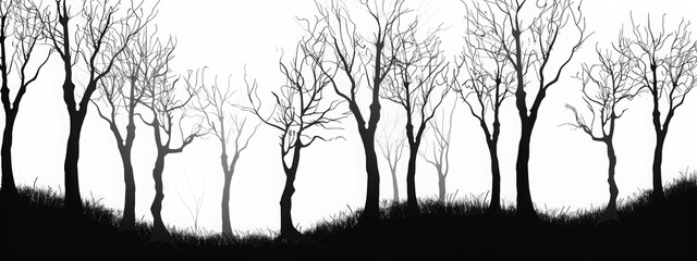 silhouette of a deciduous forest, village, sketch, without background, simple lines, minimalism