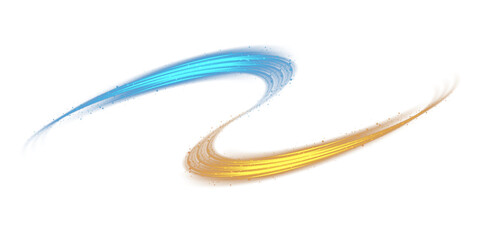 Blue and yellow glowing shiny lines effect. Luminous golden and blue lines of speed. Light glowing effect. Light trail wave, fire path trace line and incandescence curve twirl. PNG.