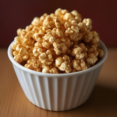 closeup of a bowl of caramel popcorn perfect for an advertisement