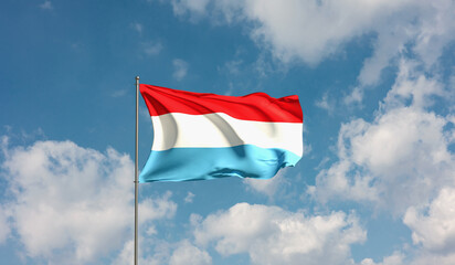 Flag Luxembourg against cloudy sky. Country, nation, union, banner, government, Luxembourgian culture, politics. 3D illustration