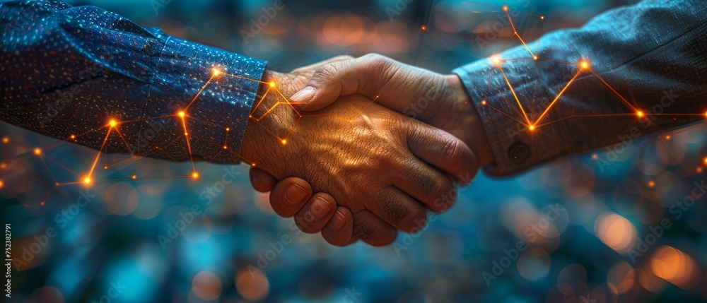 Poster businessman handshake with effect global world map network link connection, stock market graph diagr