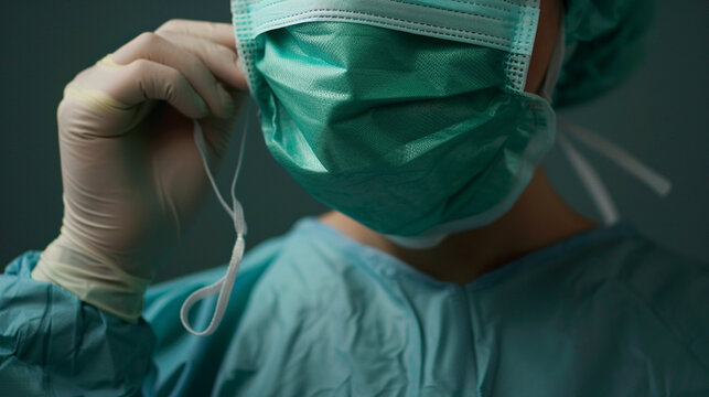The surgical mask unfurls like a protective veil as the surgeon's fingers deftly tie the strings behind their head, the fabric whispering softly against their skin, signaling the b