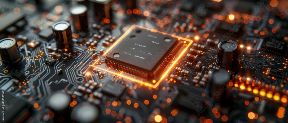 Leinwandbilder Concept Visualization: Circuit Board CPU Processor Microchips Starting Artificial Intelligence Digitalization of Neural Networking and Cloud Computing. Digital Lines Moving Data.