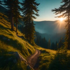 Beautiful nature of Carpathians. Early morning in a light of rising sun. - obrazy, fototapety, plakaty