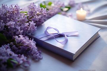 stock photo,Wedding vows booklet with lilac and periwinkle details. wedding, simple composition сreated with Generative Ai
