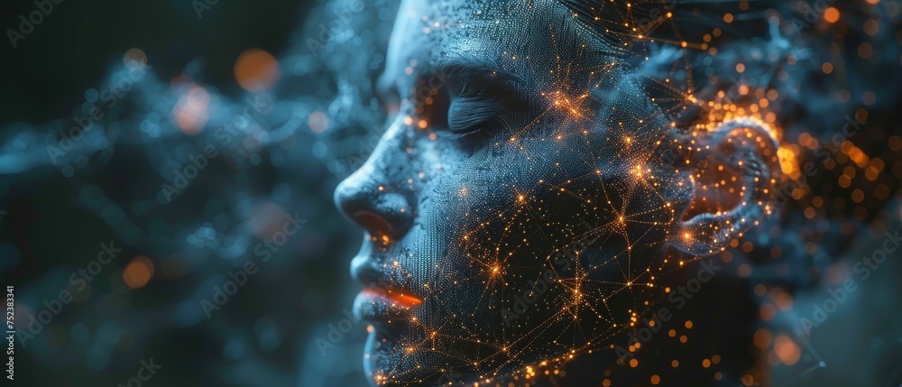 Poster A concept of humans and technology. A concept of artificial intelligence (AI), a concept of communication networks.