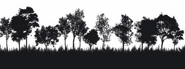 silhouette of a deciduous forest, village, sketch, without background, simple lines, minimalism - obrazy, fototapety, plakaty