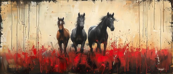 Fototapeta premium Abstract painting, metal elements, texture background, horses, animals...