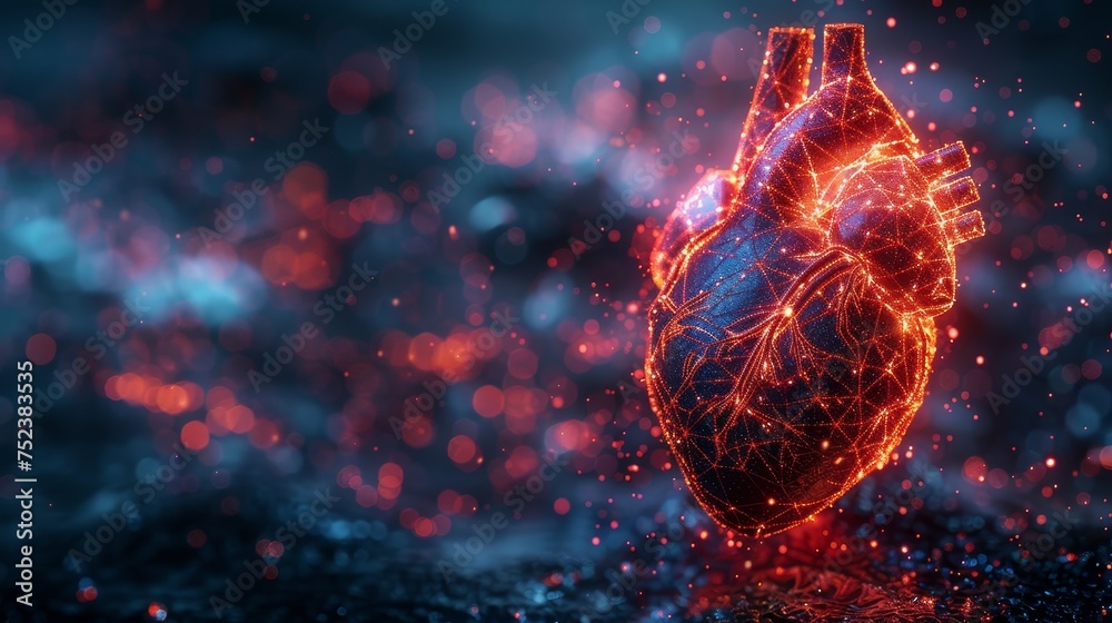 Leinwandbilder heart with red pulse line. world heart day concept. low poly style design. abstract blue geometric b