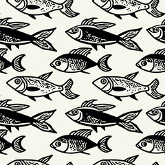 Vector seamless pattern. Minimalistic surface design of sea life. Stylised graphic repeating texture. Underwater ocean life with fishes and seaweeds.