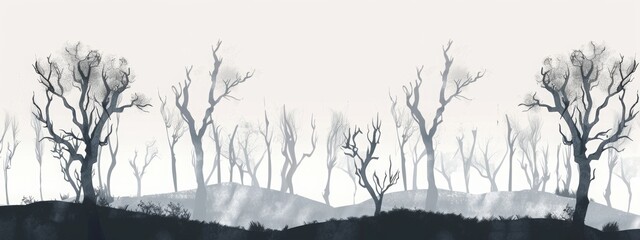 Fototapeta premium silhouette of a deciduous forest, village, sketch, without background, simple lines, minimalism