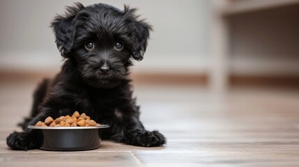Close up cute black puppy eating from a bowl against blurred kitchen background, looking at camera with copyspace for text