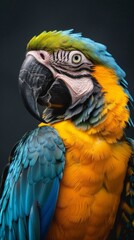 Obraz premium Blue and yellow macaw profile, sharp detail. A macaw close-up portrait looking direct in camera with low-light, black backdrop.