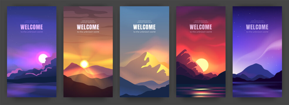 Forest background. Mountain landscape scenery, adventure nature tree silhouettes with abstract sunrise sky. Sunset, morning and midnight. Day and night horizon vector flat vertical illustration