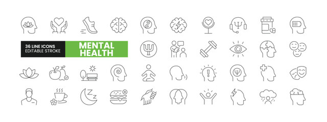 Set of 36 Mental Health line icons set. Mental Health outline icons with editable stroke collection. Includes Depression, Anxiety, Yoga, Healthy Lifestyle, Wellness, and More. - obrazy, fototapety, plakaty