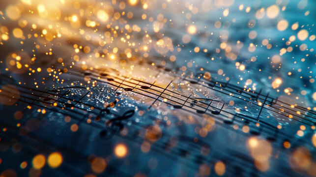 Old aged music score with shimmering gold particles and twinkling lights and bokeh effect on a blue background.